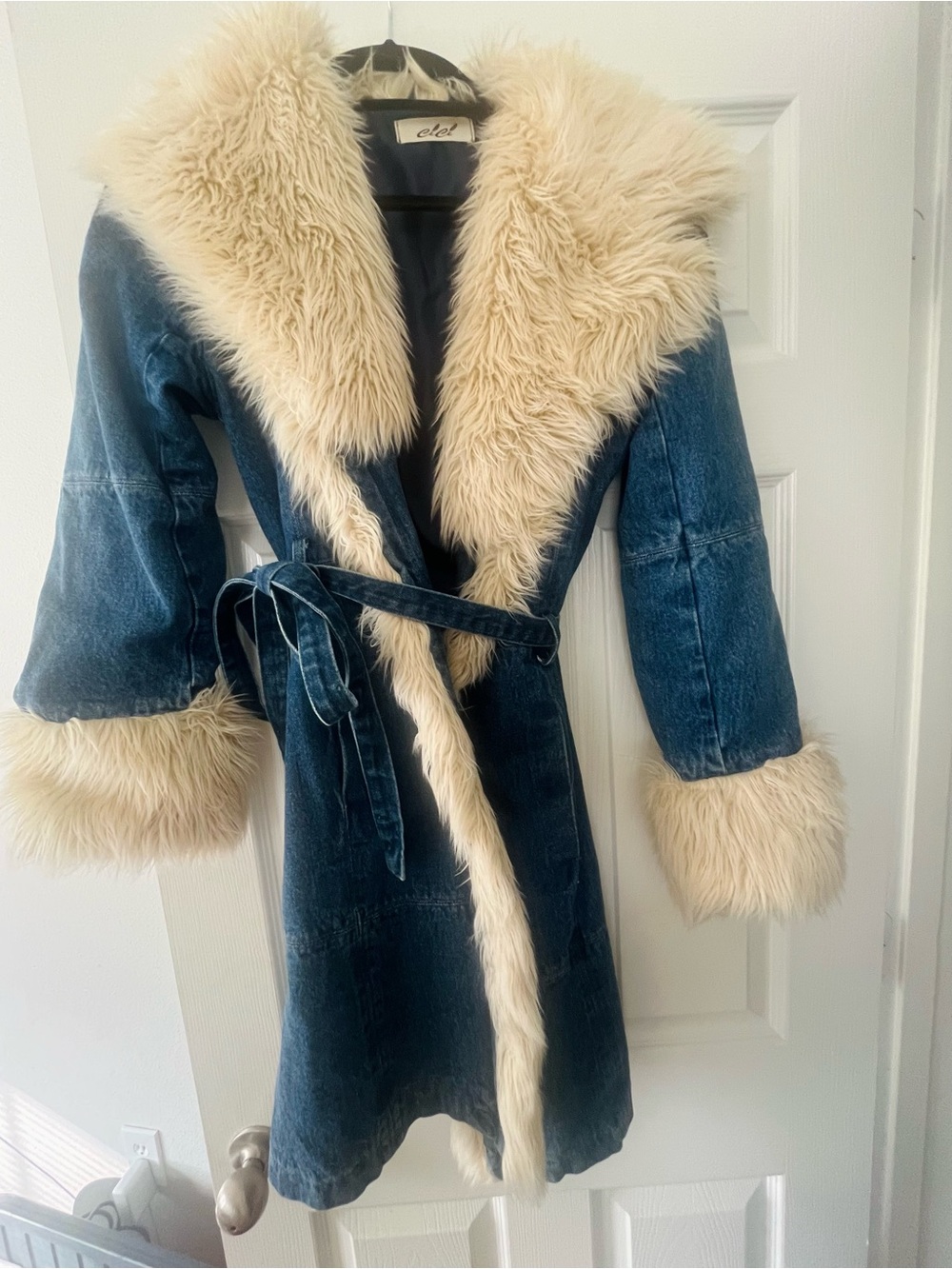 C.C Denim Trench Coat with Cream Faux Fur Trim